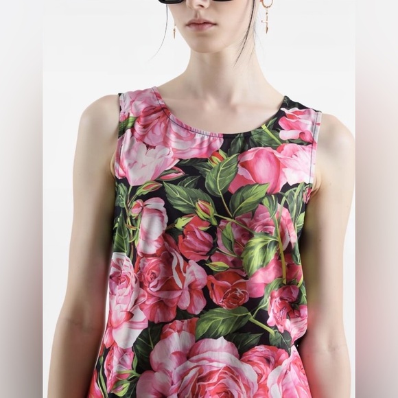 Dolce & Gabbana Tops - Dolce and Gabbana Floral Sleeveless Scoop Neck Tank Top - Pink & Green Roses